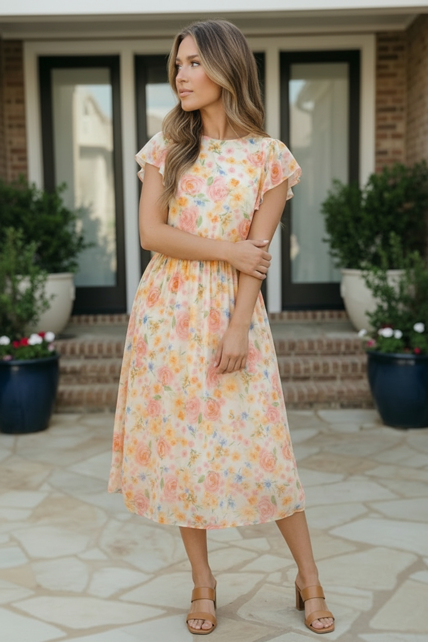 Watercolor Floral Flutter Sleeve Midi Dress (Open Pack)