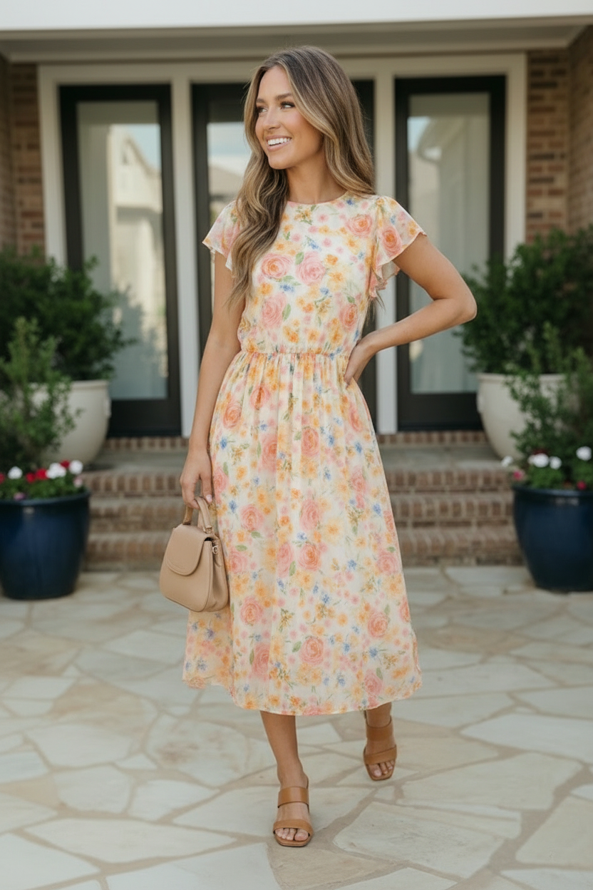 Watercolor Floral Flutter Sleeve Midi Dress (Open Pack)