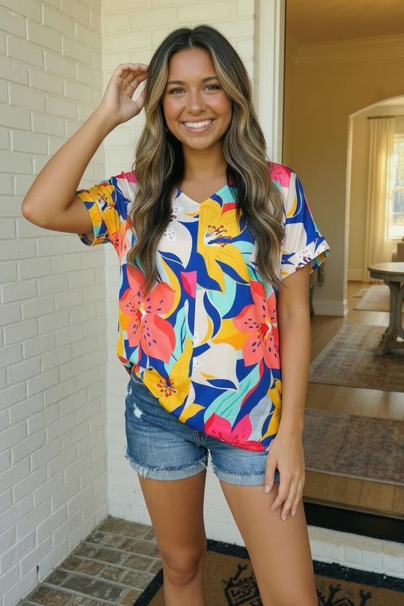 Tropical Floral V-Neck Short Sleeve Top