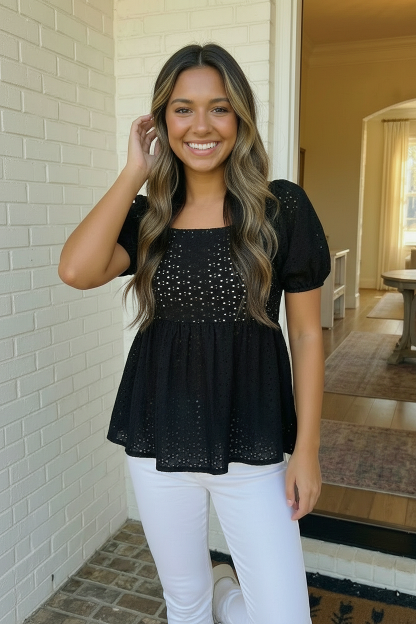 Black Eyelet Puff Sleeve Babydoll Top