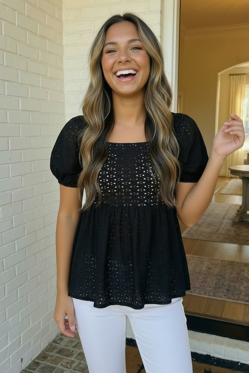 Black Eyelet Puff Sleeve Babydoll Top