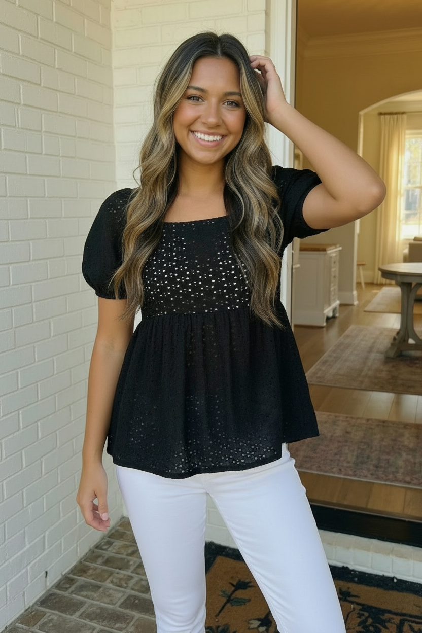 Black Eyelet Puff Sleeve Babydoll Top
