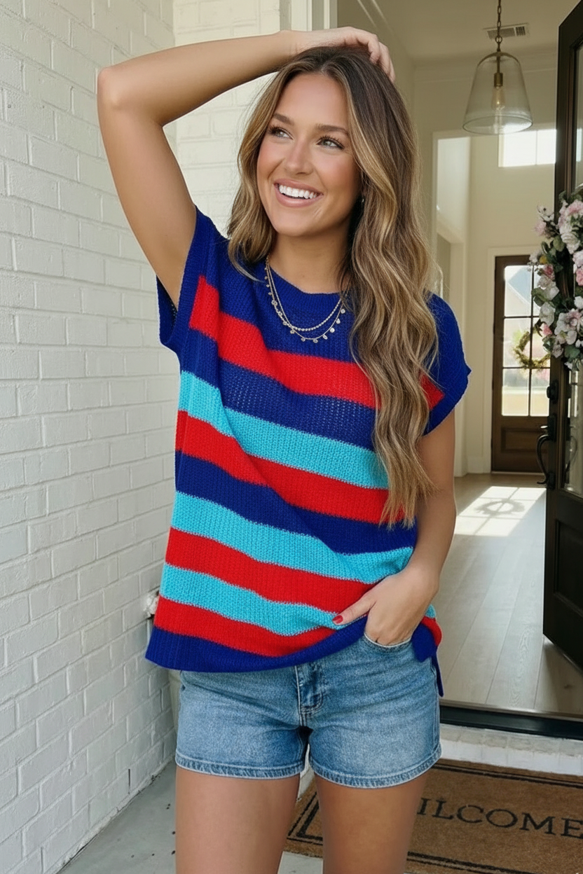 Plus Multicolor Stripe Knit Short Sleeve Sweater Top