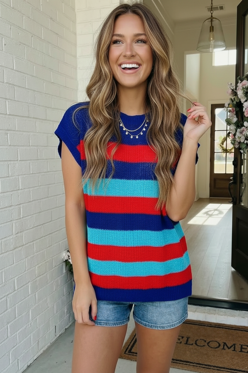 Plus Multicolor Stripe Knit Short Sleeve Sweater Top
