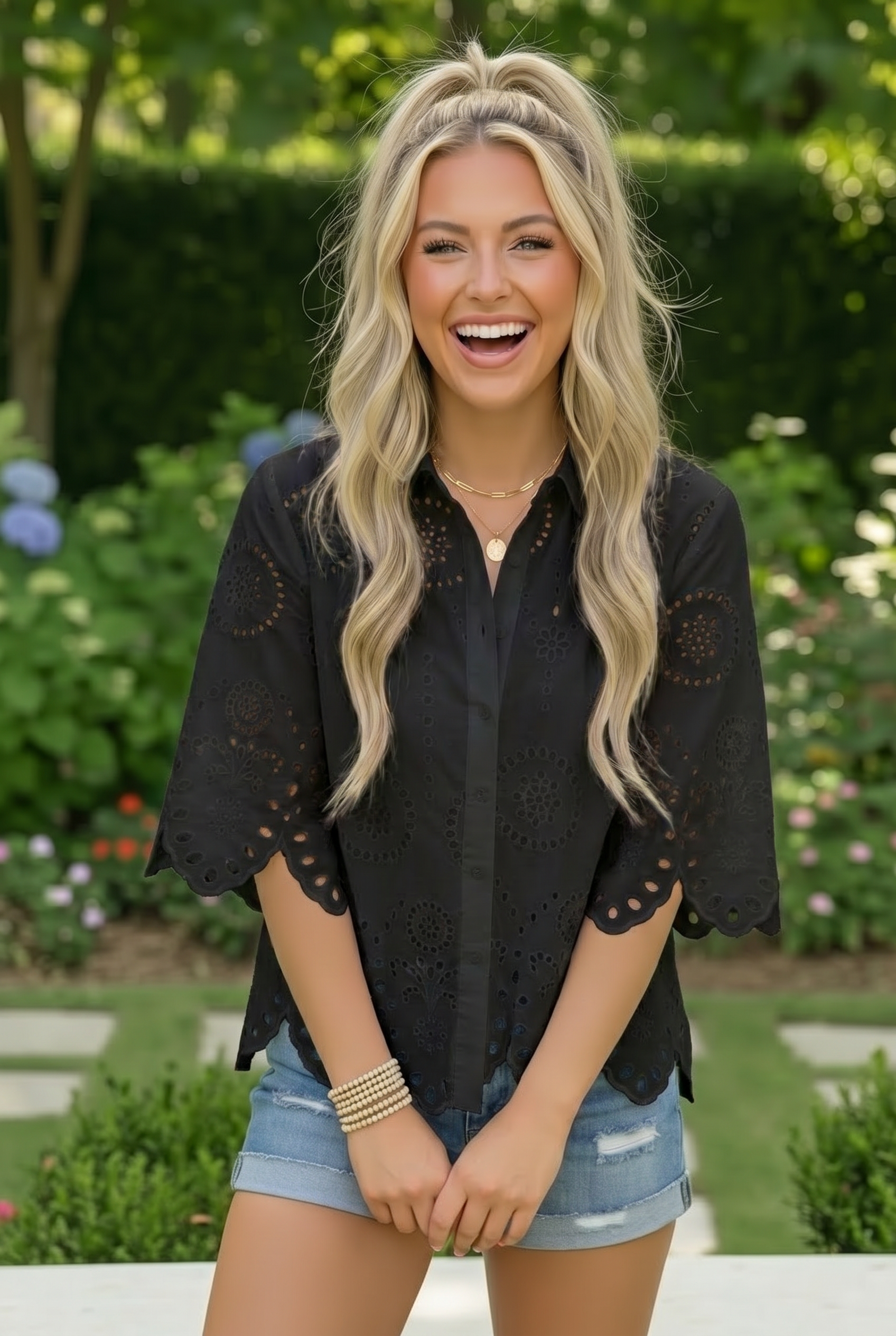 Eyelet Button Down Cropped Shirt
