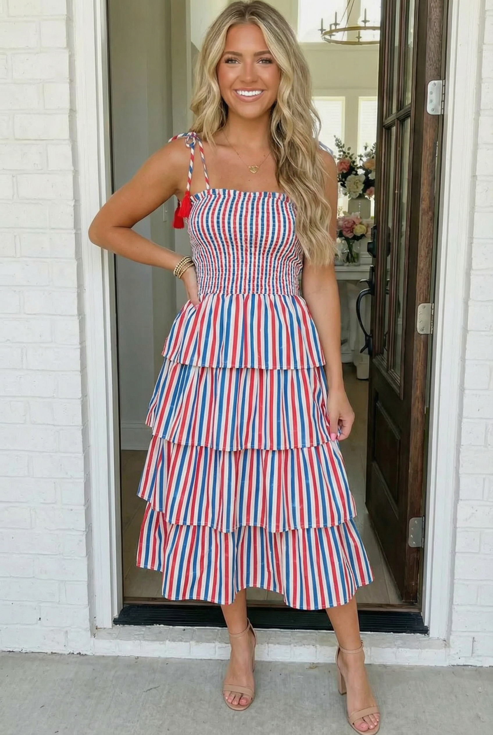 Red White and Blue Striped Tiered Smocked Midi Dress