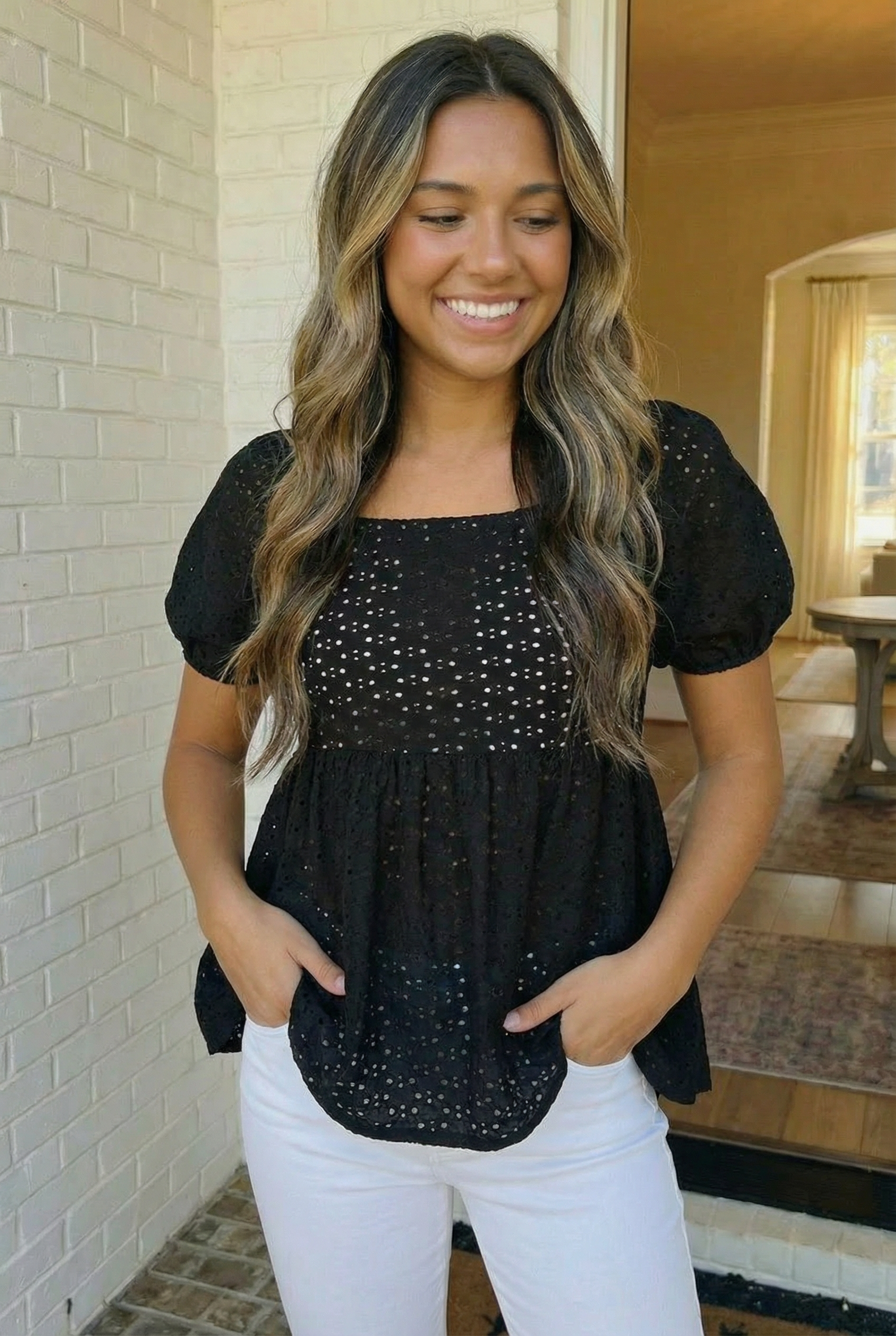 Black Eyelet Puff Sleeve Babydoll Top