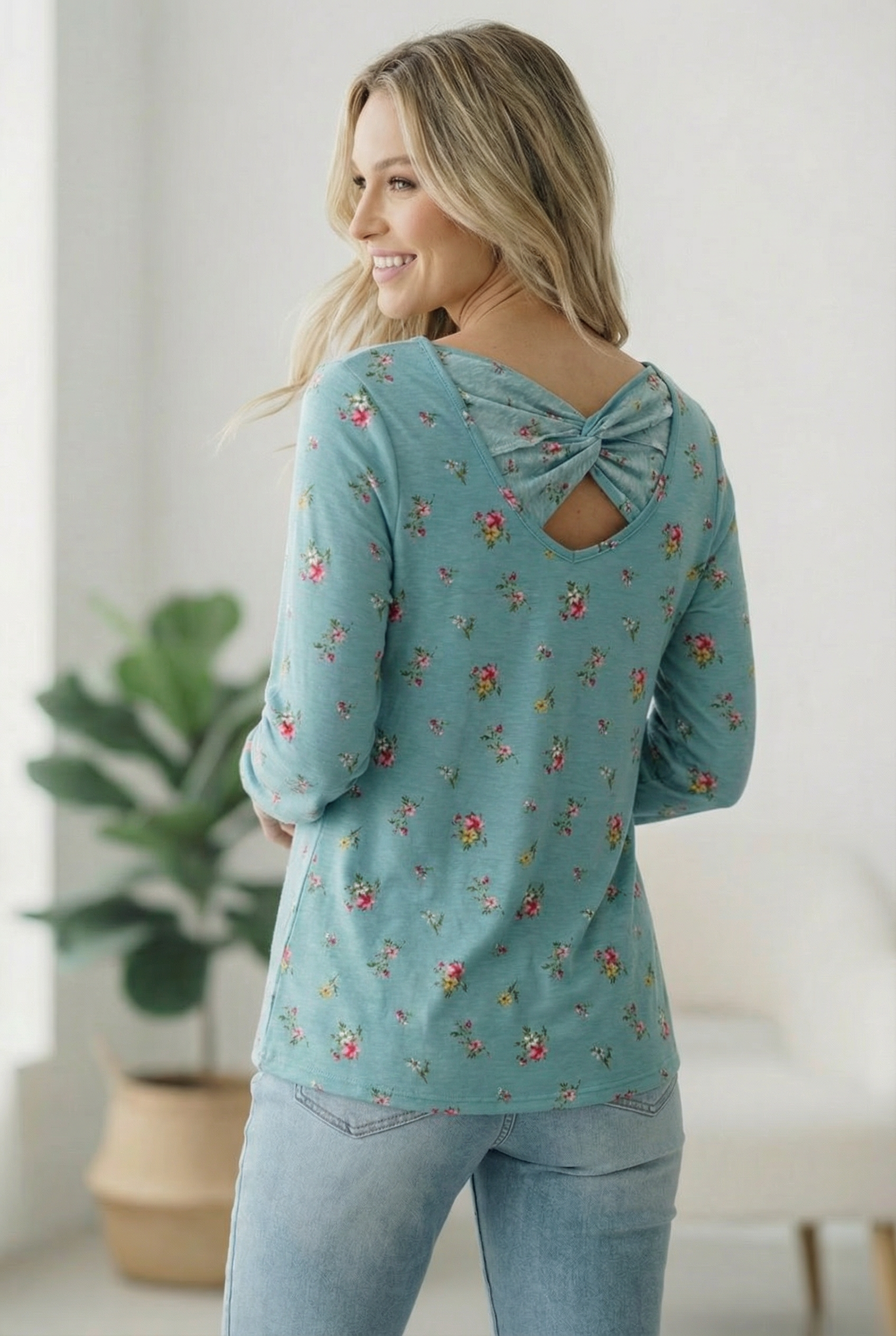 Blue Floral Bow Back Top