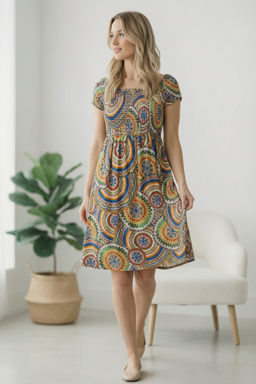 Multi Geo Smocked Panel Floral Dress