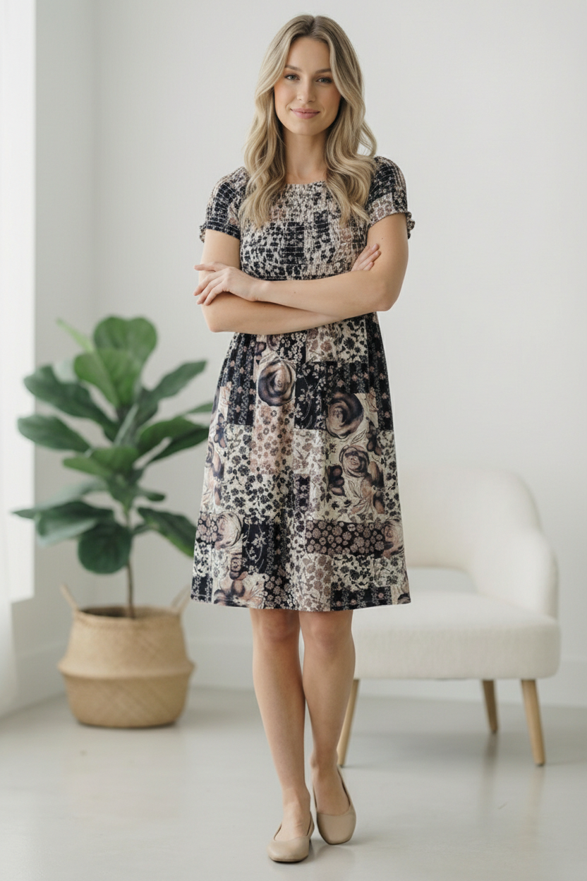 Floral Patchwork Smocked Panel Floral Dress