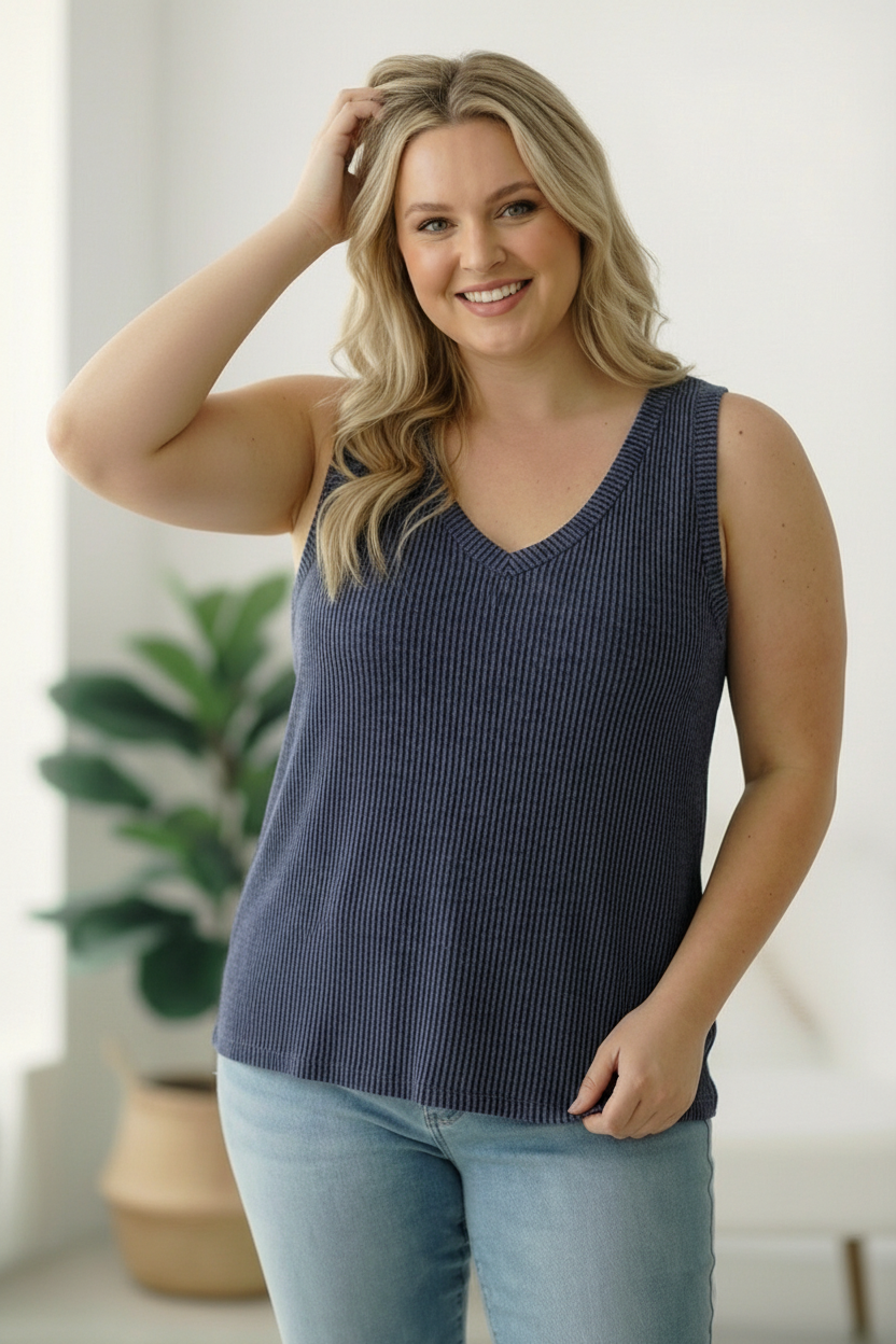 Plus Navy Wavy Ribbed Top