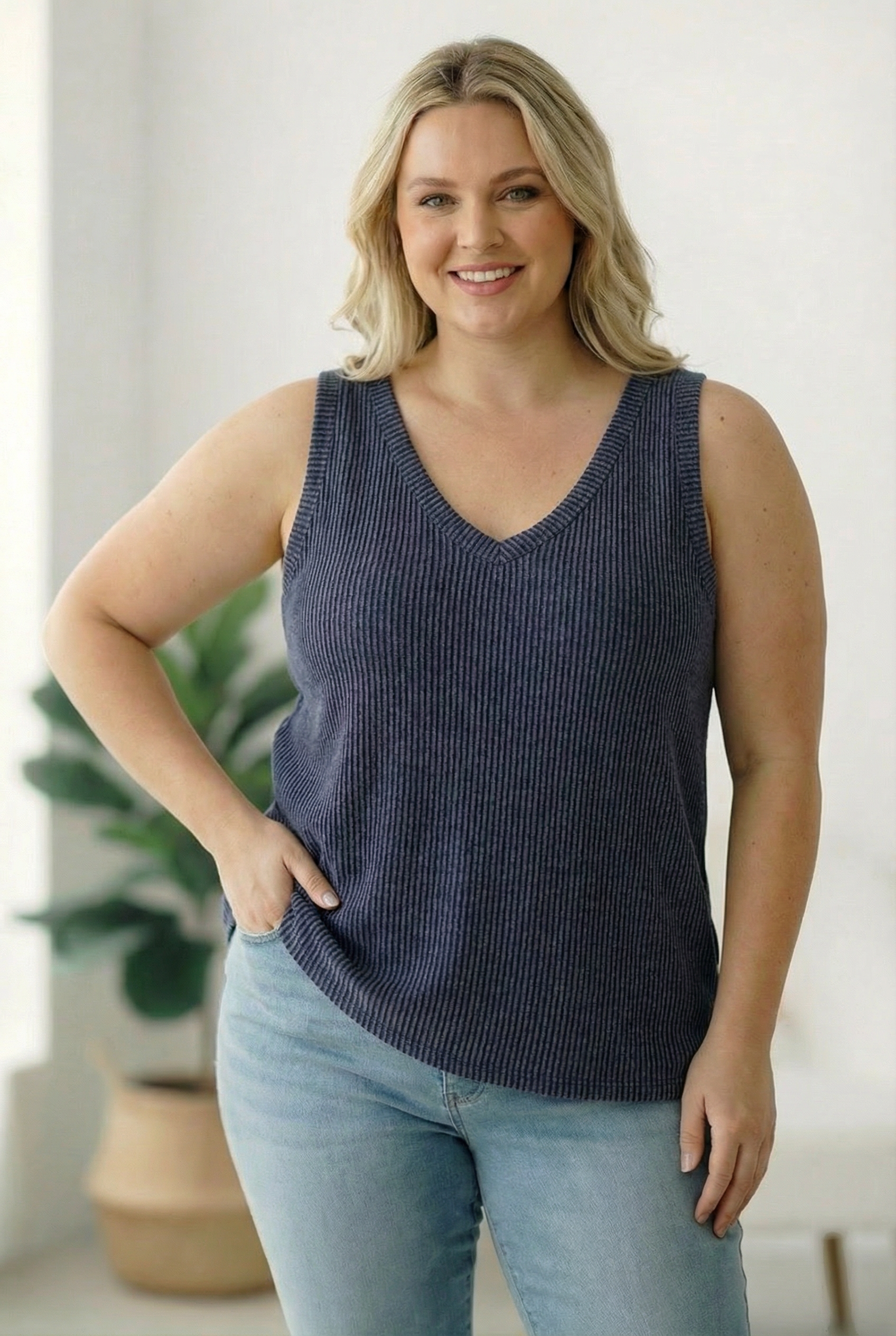 Plus Navy Wavy Ribbed Top