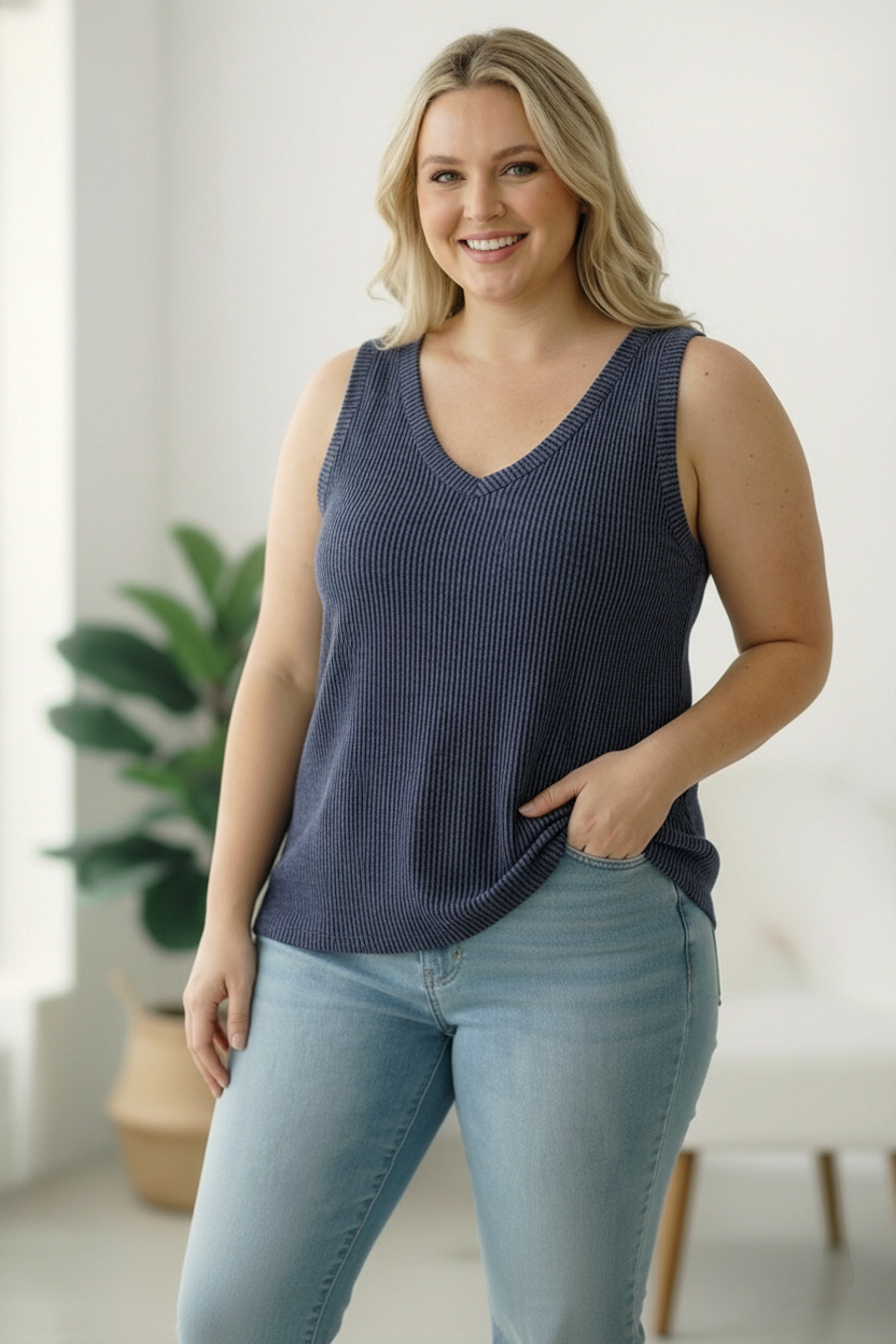 Plus Navy Wavy Ribbed Top