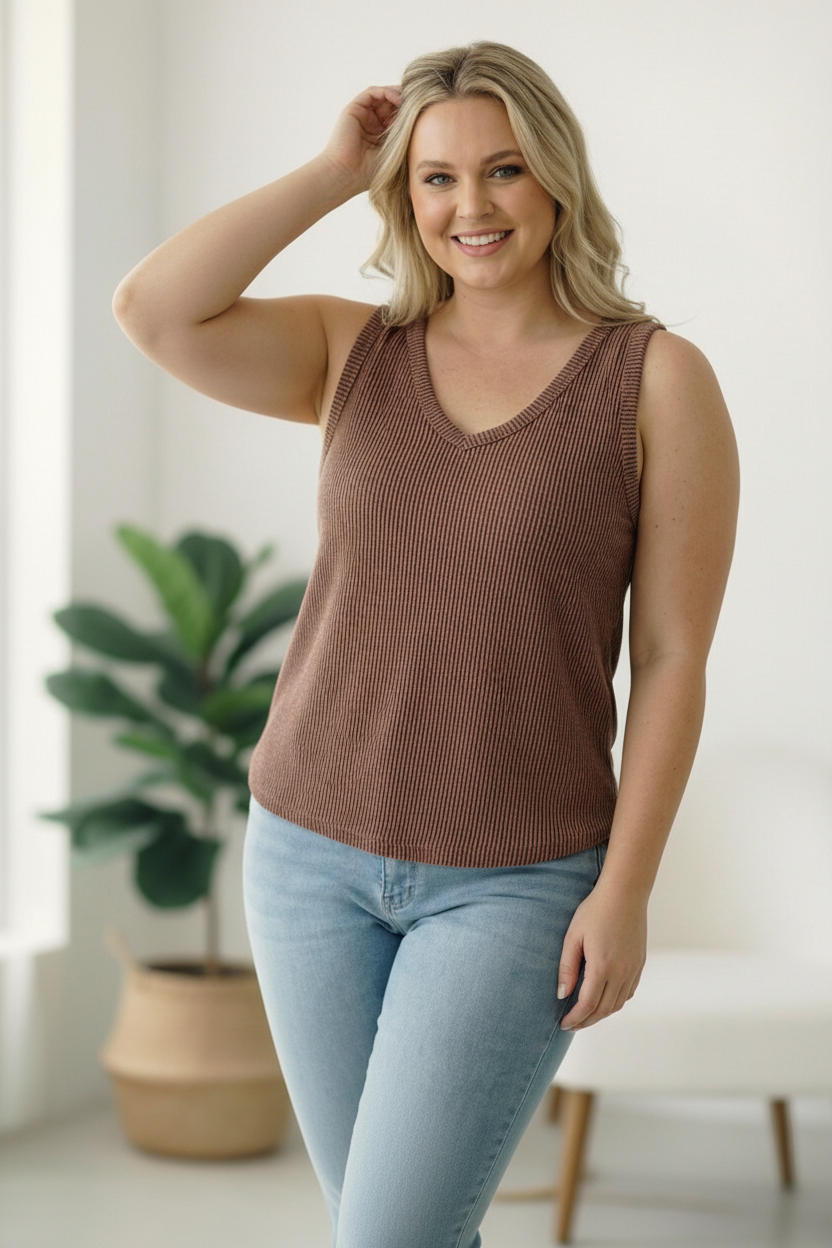 Plus Mocha Wavy Ribbed Top