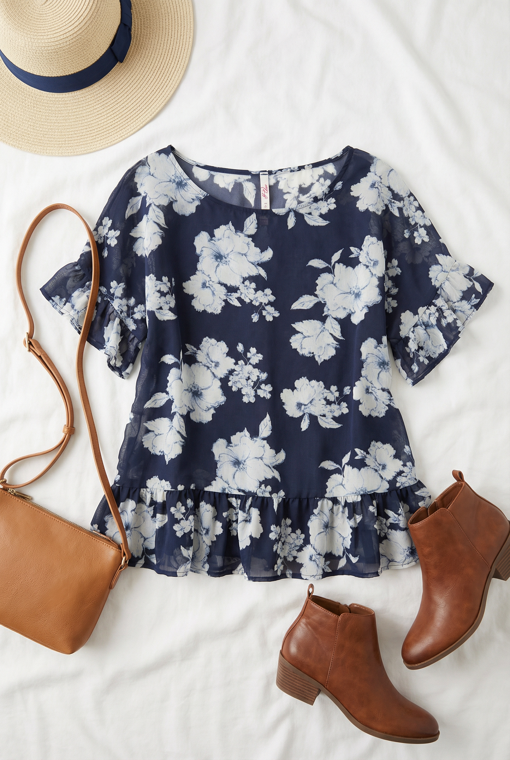 Navy Floral Sheer Top