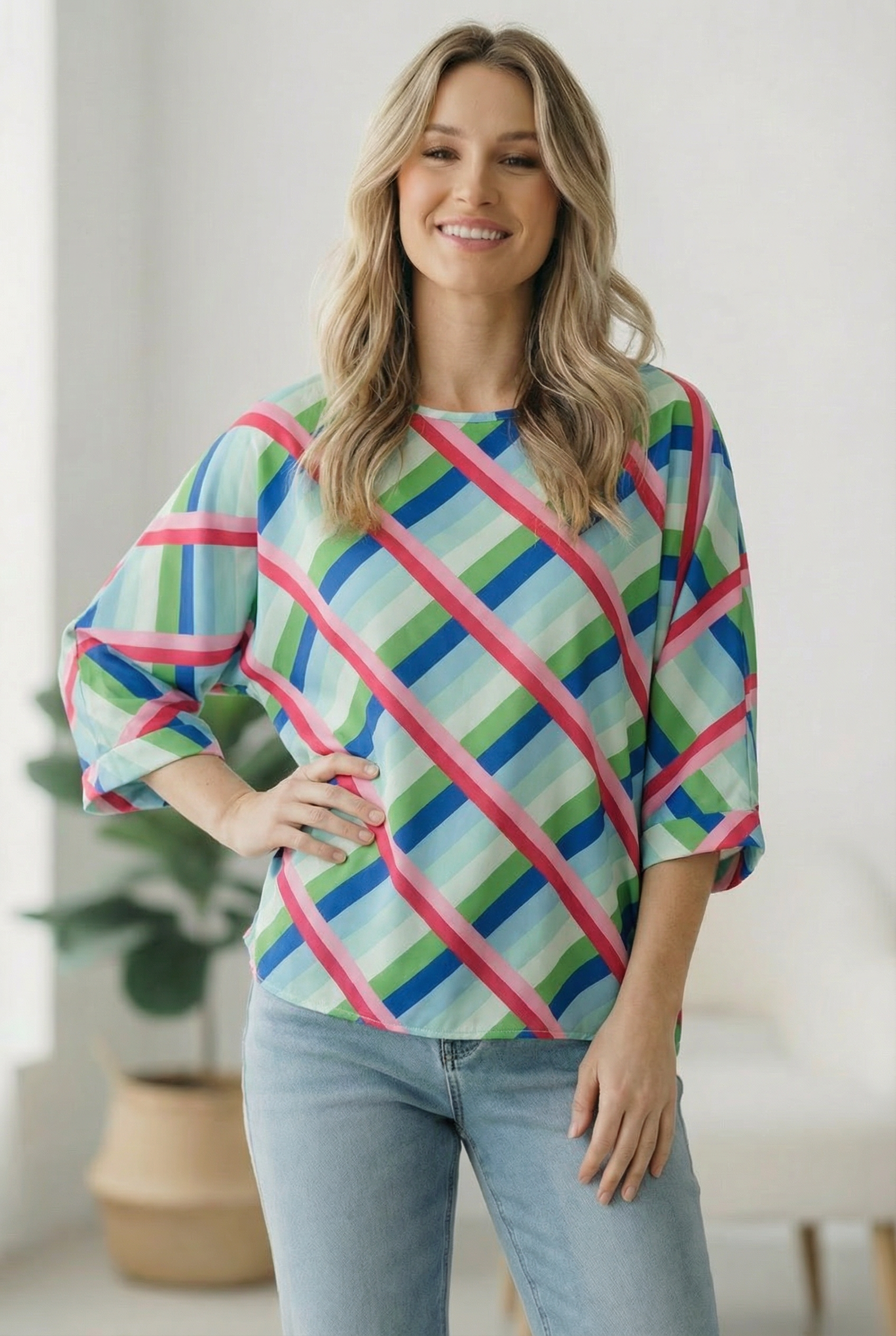 Stripe Checkered Design Woven Top