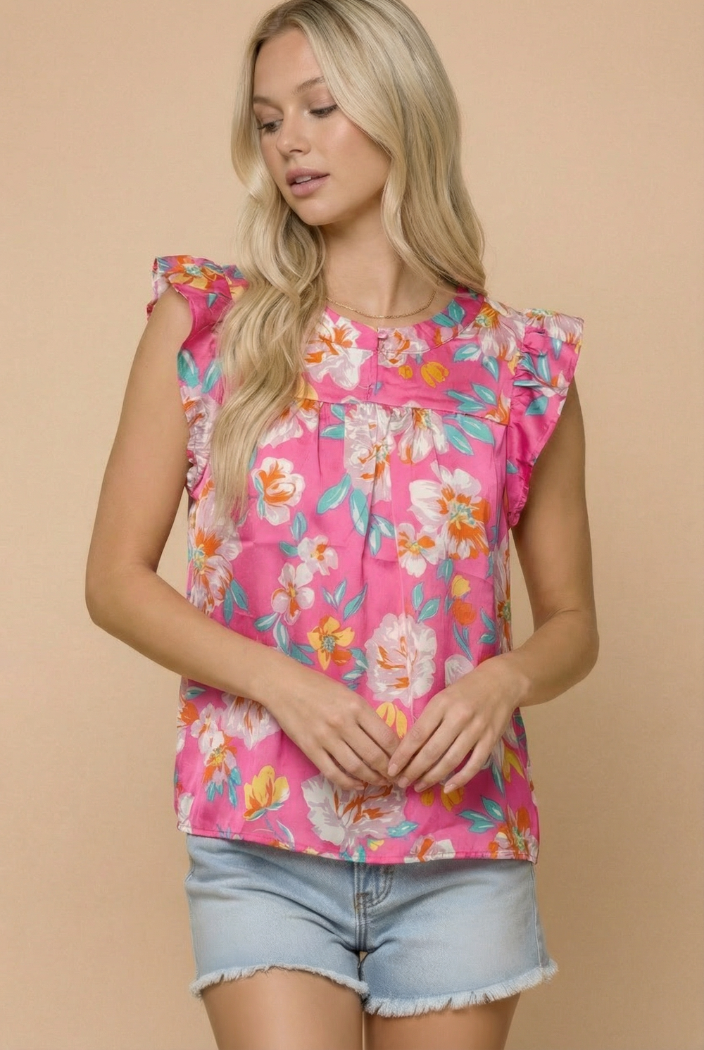 Pink Patterned Tops Hot Pink Woven Floral Print Top