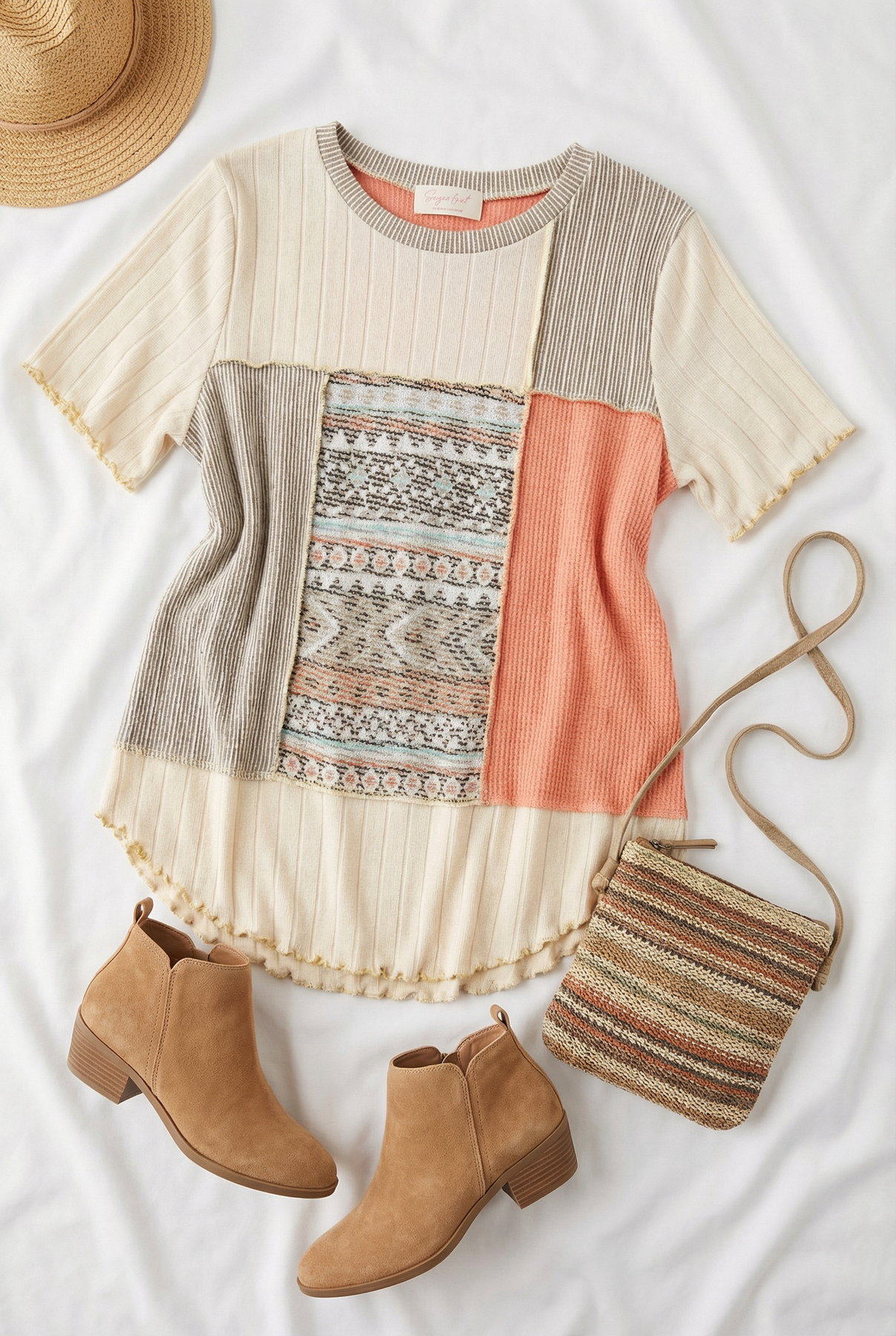 Plus Patchwork Colorblock Ribbed Short Sleeve Top