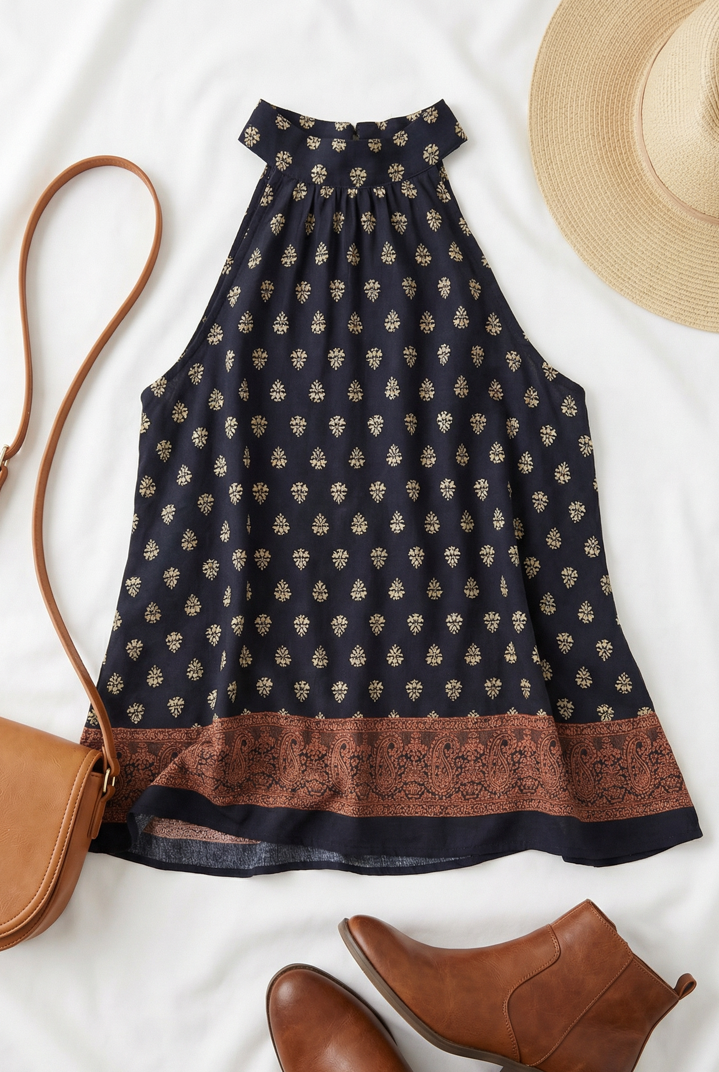 Plus Navy Boho Print Halter Swing Top