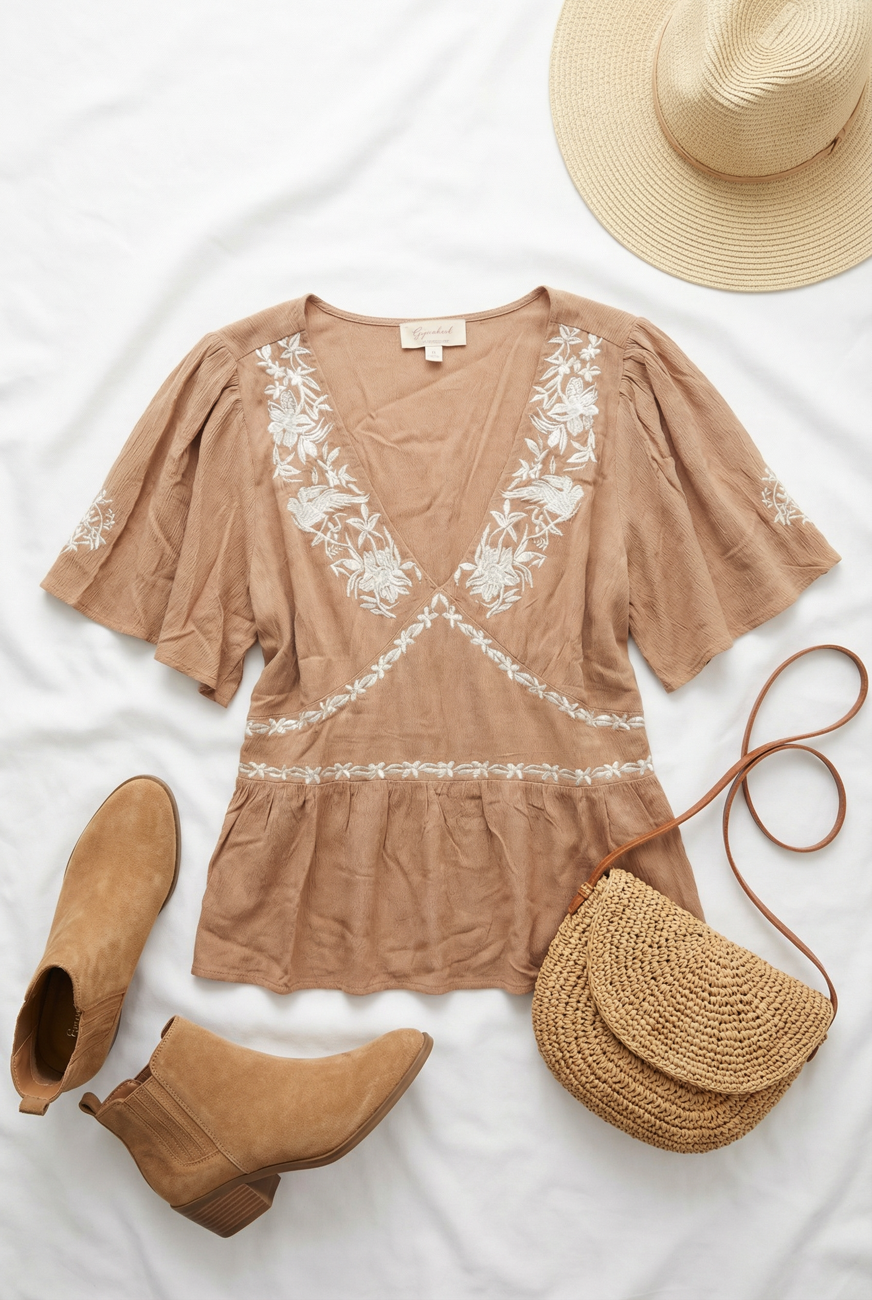 Plus Tan Embroidered V-Neck Boho Top (2x only)