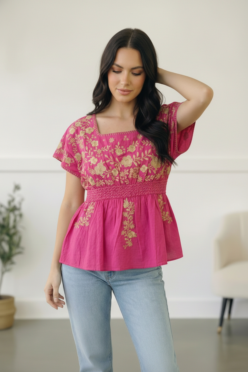 Fuchsia Embroidered Top