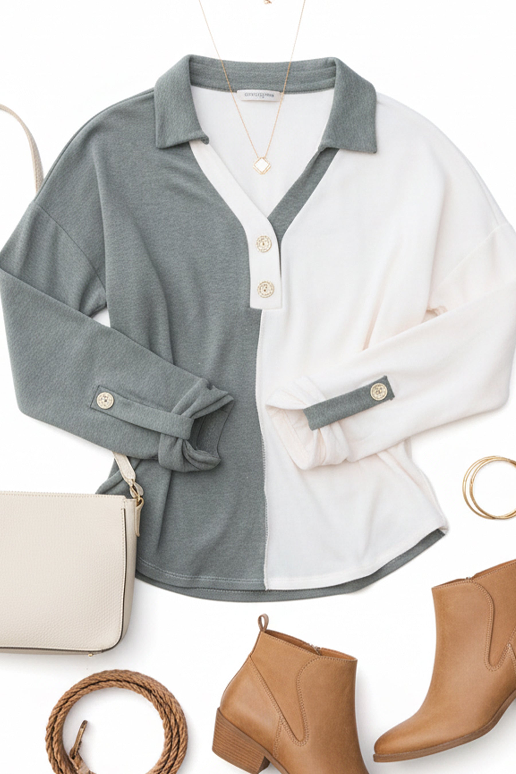 Start Your Day Olive Half & Half Collared Notched Neck Top (Open Pack)