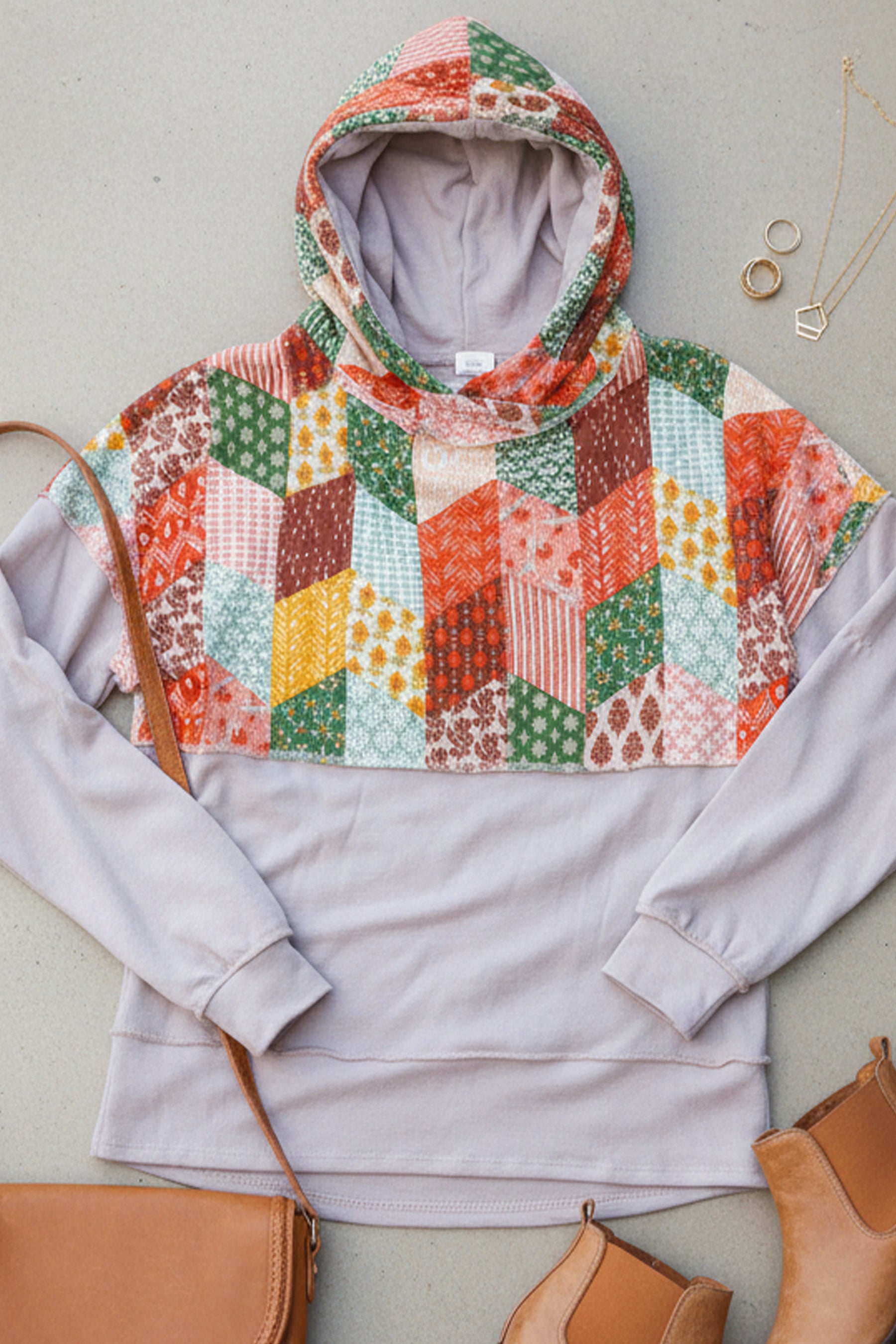 Rust & Olive Patchwork Print Yoke Hoodie Top (Open Pack)