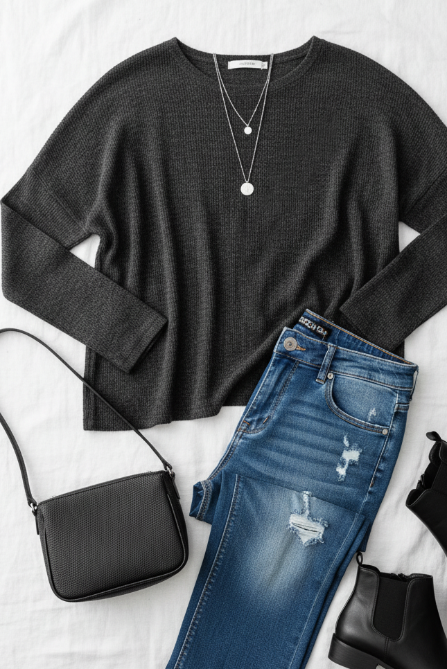 PLUS Stay Awhile Black Ribbed Dolman Cropped Sweater (Open Pack)